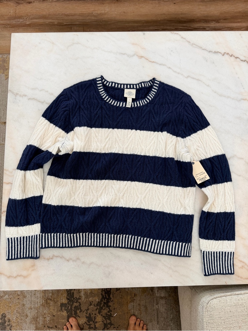 St. John's Bay Navy and White Striped Cable-Knit Crewneck Sweater